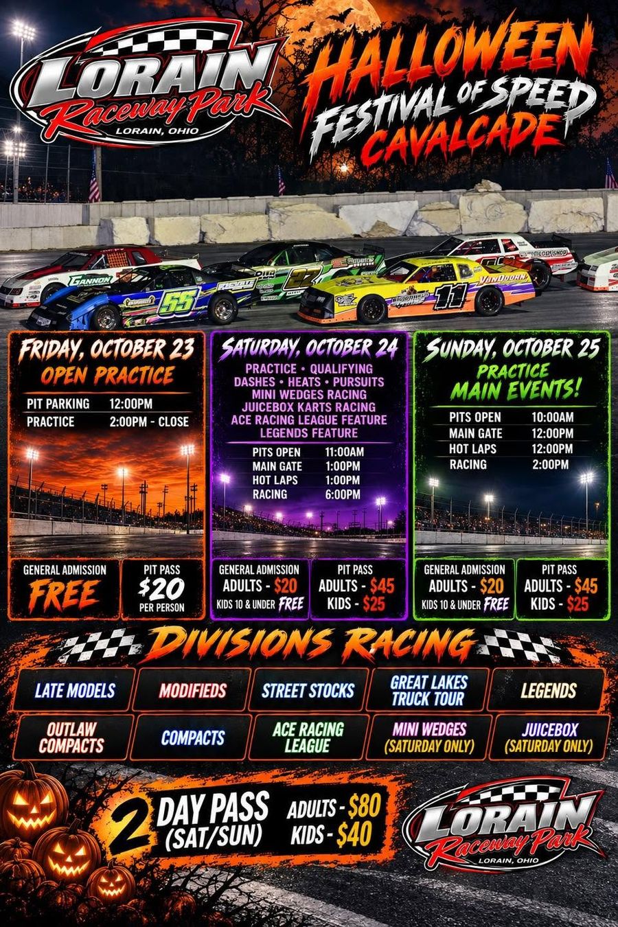 Halloween Festival of Speed Cavalcade poster: Friday Oct 23 open practice, Saturday Oct 24 qualifying and features, Sunday Oct 25 main events, ten racing divisions, 2-day pit pass adults $80, kids $40