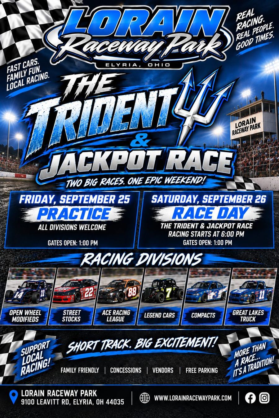 The Trident and Jackpot Race poster: Friday September 25 practice, Saturday September 26 race day, six racing divisions