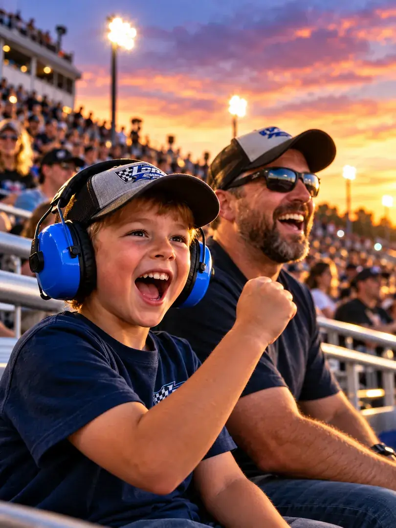 A kid in ear defenders cheering with his dad