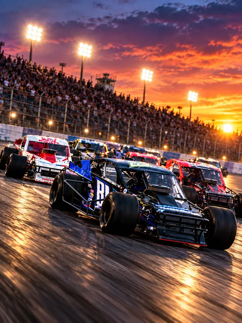Modifieds racing under the lights at sunset